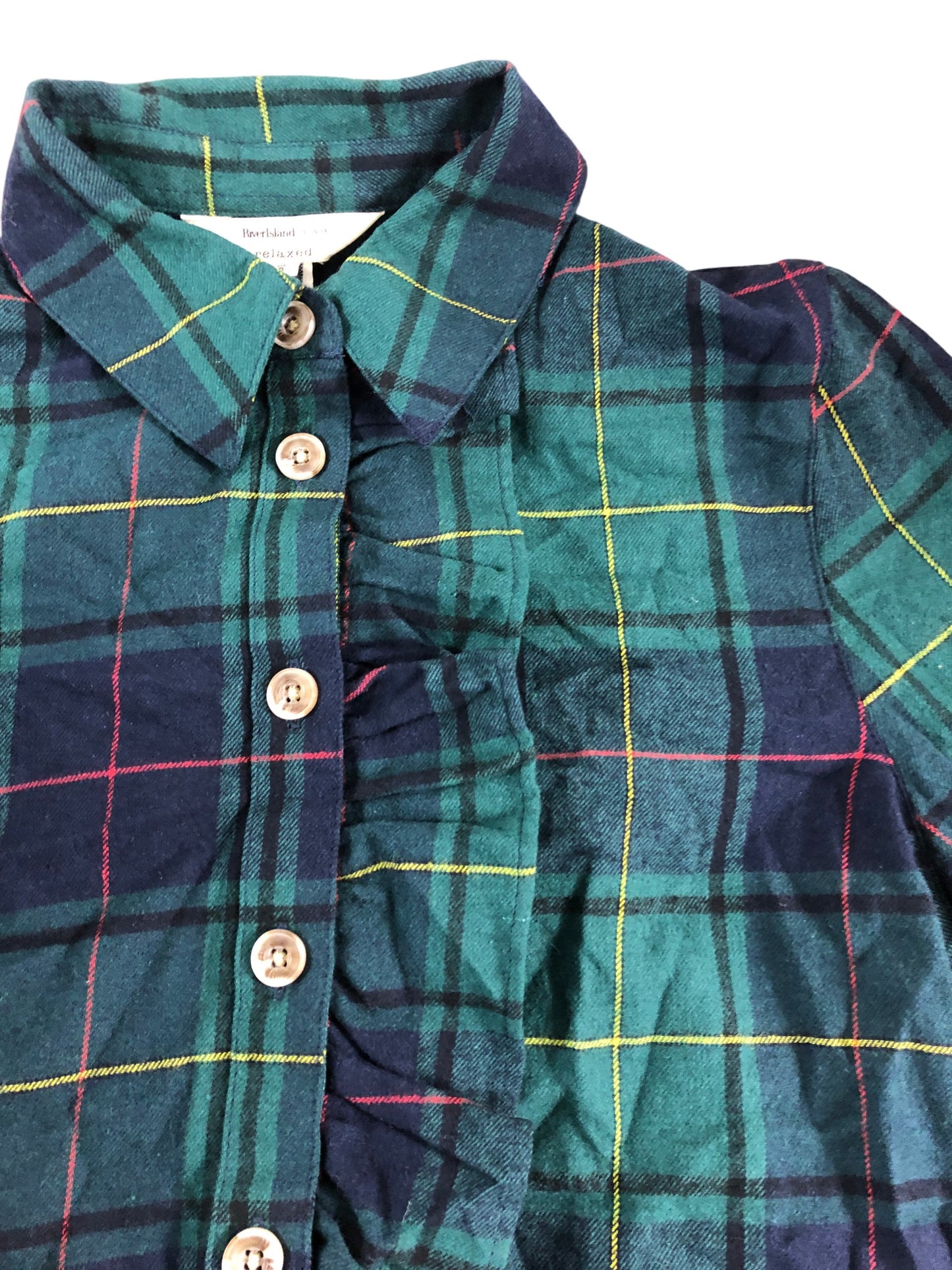 River Island Checked Button Up Shirt UK8 Women's Ruffled Green Blue Plaid