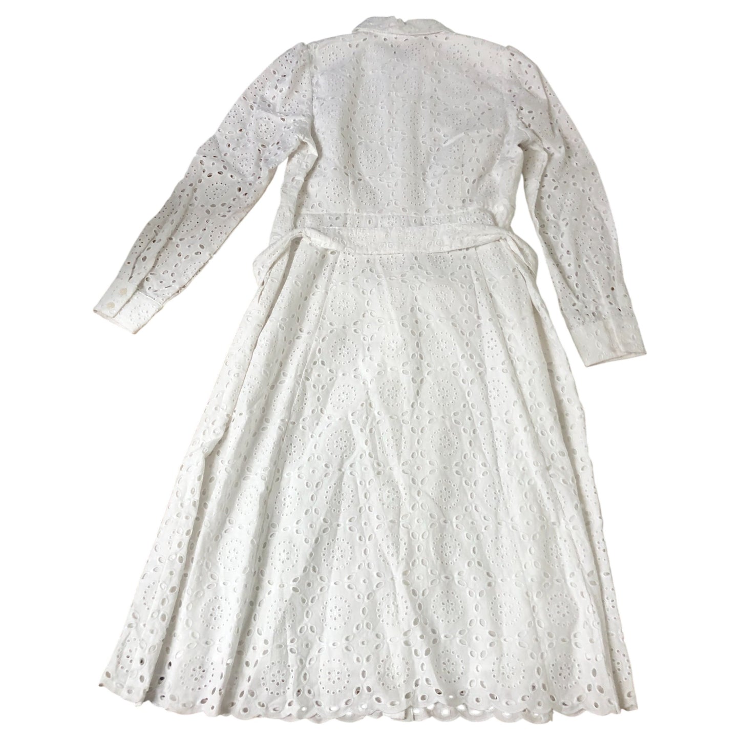 White Eyelet Button Dress UK14 Women's Long Sleeve Tie Waist Summer Style