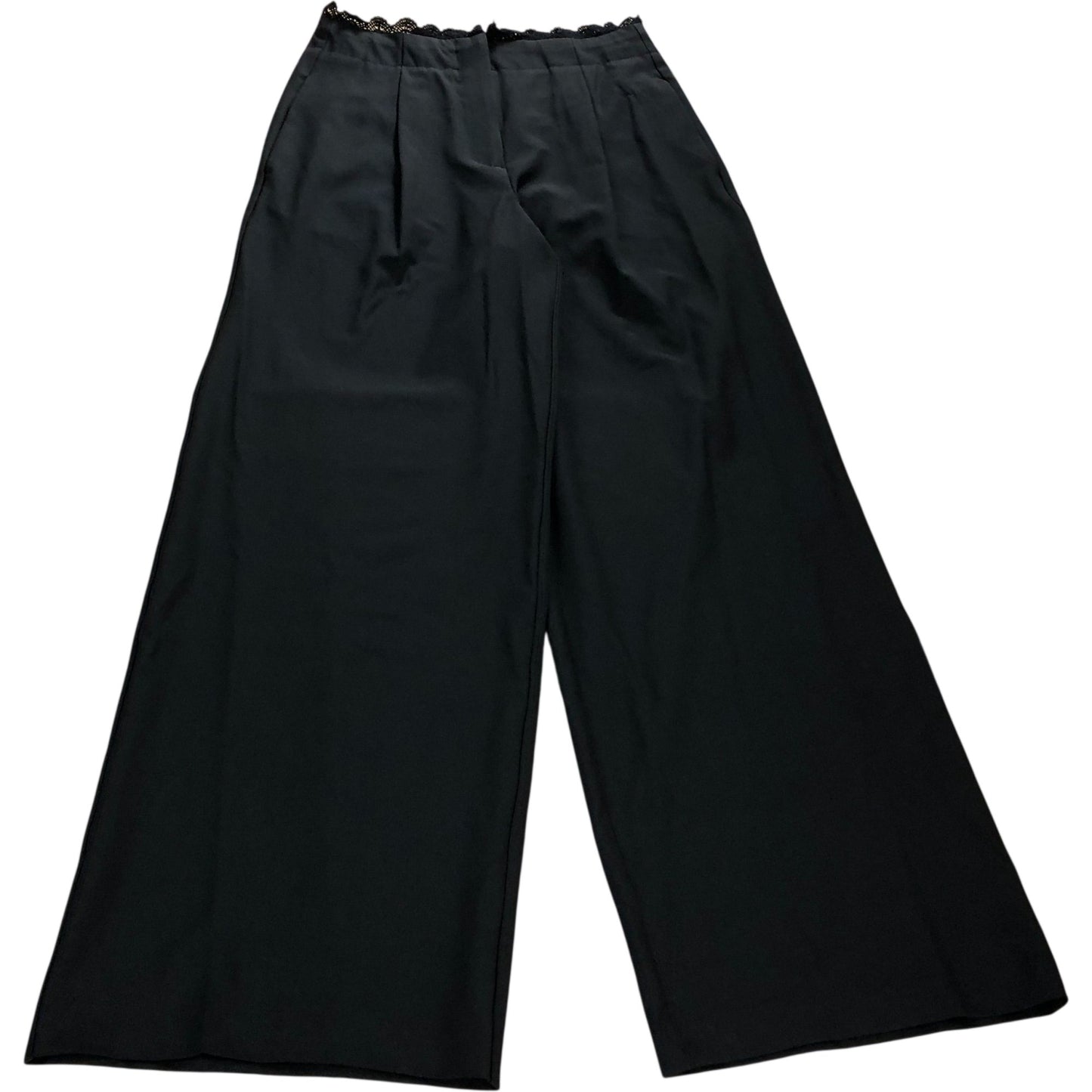 Wide Leg Trousers UK10 Women's Black High Waist Lace Trim