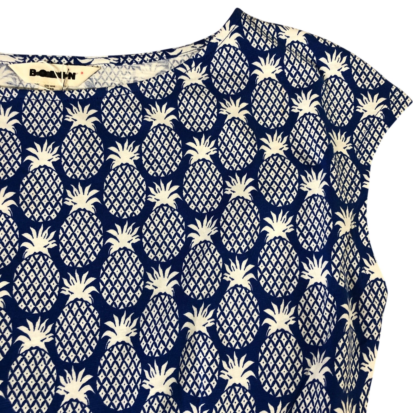 Printed Dress UK12 Women's Cap Sleeve Pineapple Pattern Blue Cotton