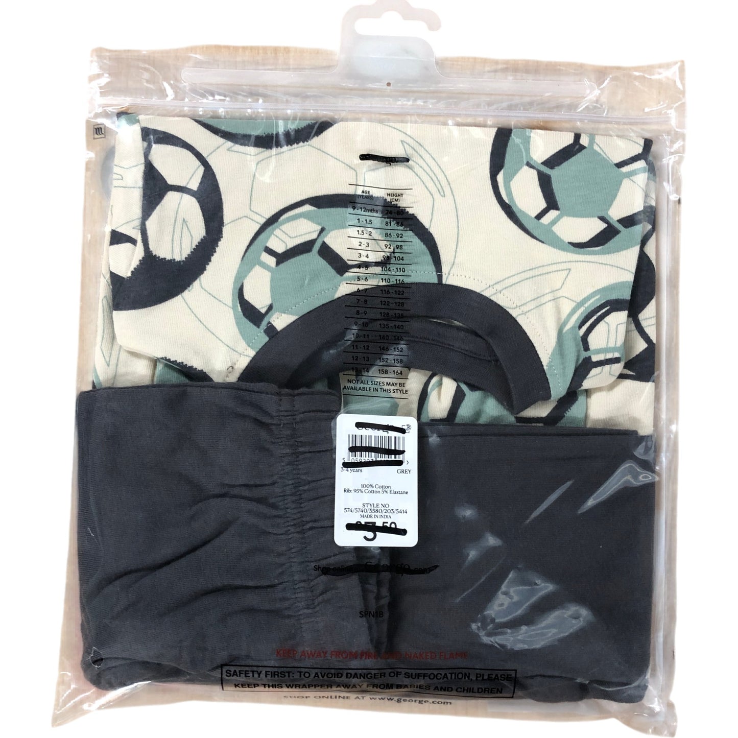 Kids Pyjama Set 8-9 Years Long Sleeve Snuggle Leg Football Design Grey