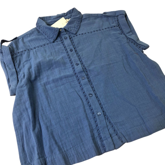 Blue Cotton Blouse Women's Short Sleeve Lace Detail Medium