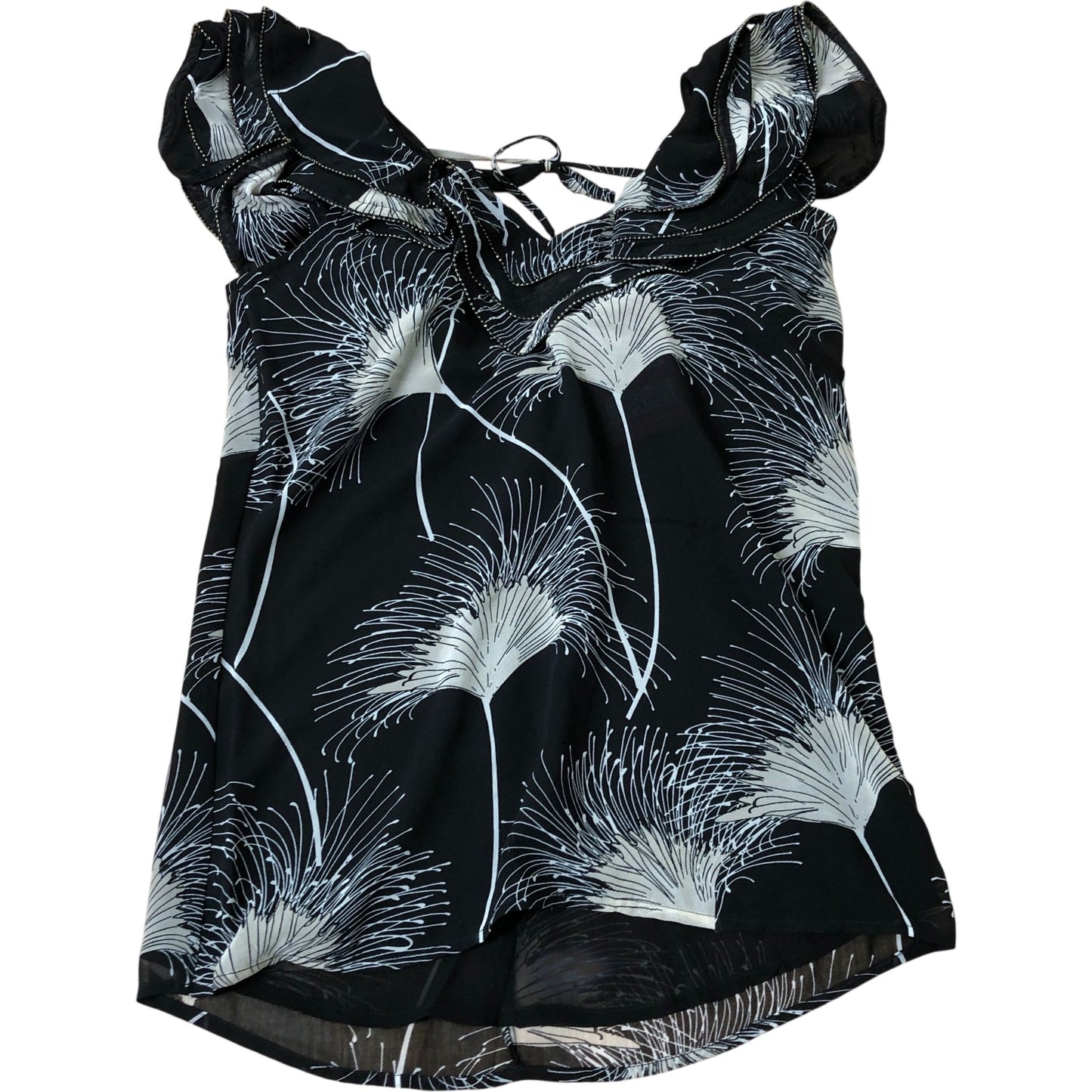 Women's Black Floral Print Chiffon Top Sleeveless Tie Neck XS