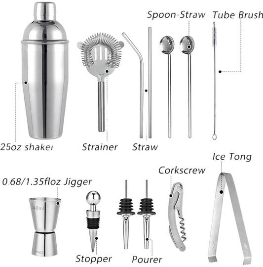 CODMORN 15 Pcs Cocktail Shaker Set Bar Tool Jigger Strainer Ice Tong Stand