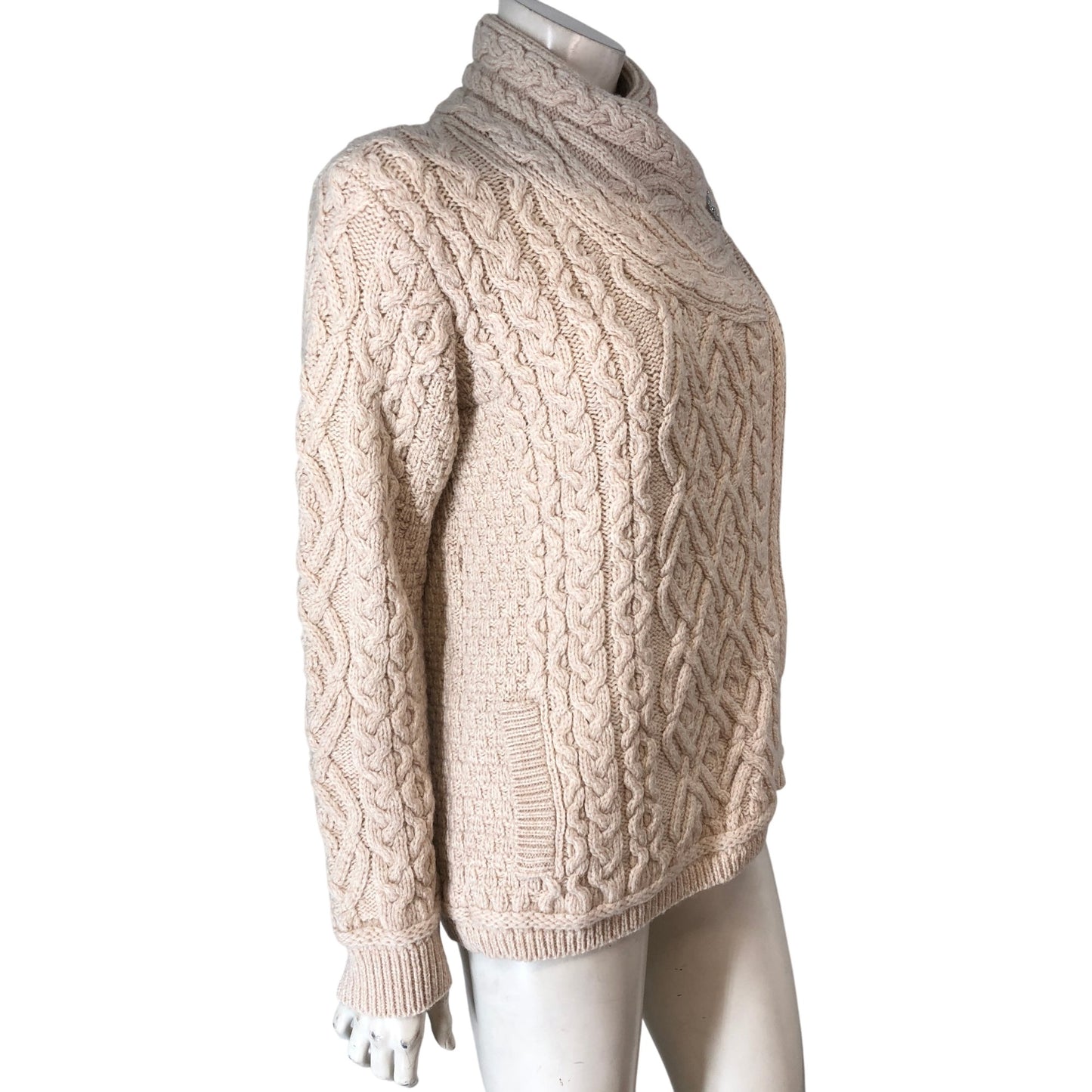 SAOL Ladies Side Zip Cardigan Merino Wool Beige Cable Knit Medium