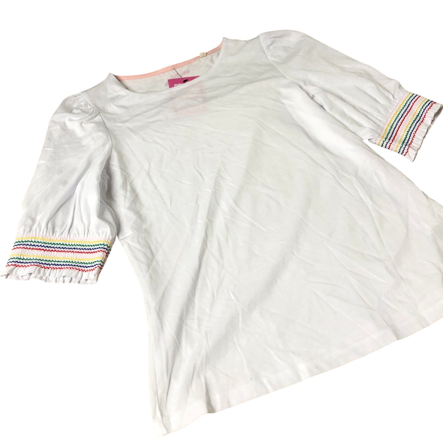 Puff Sleeve Top Women's White Cotton Blend With Colourful Trim UK10