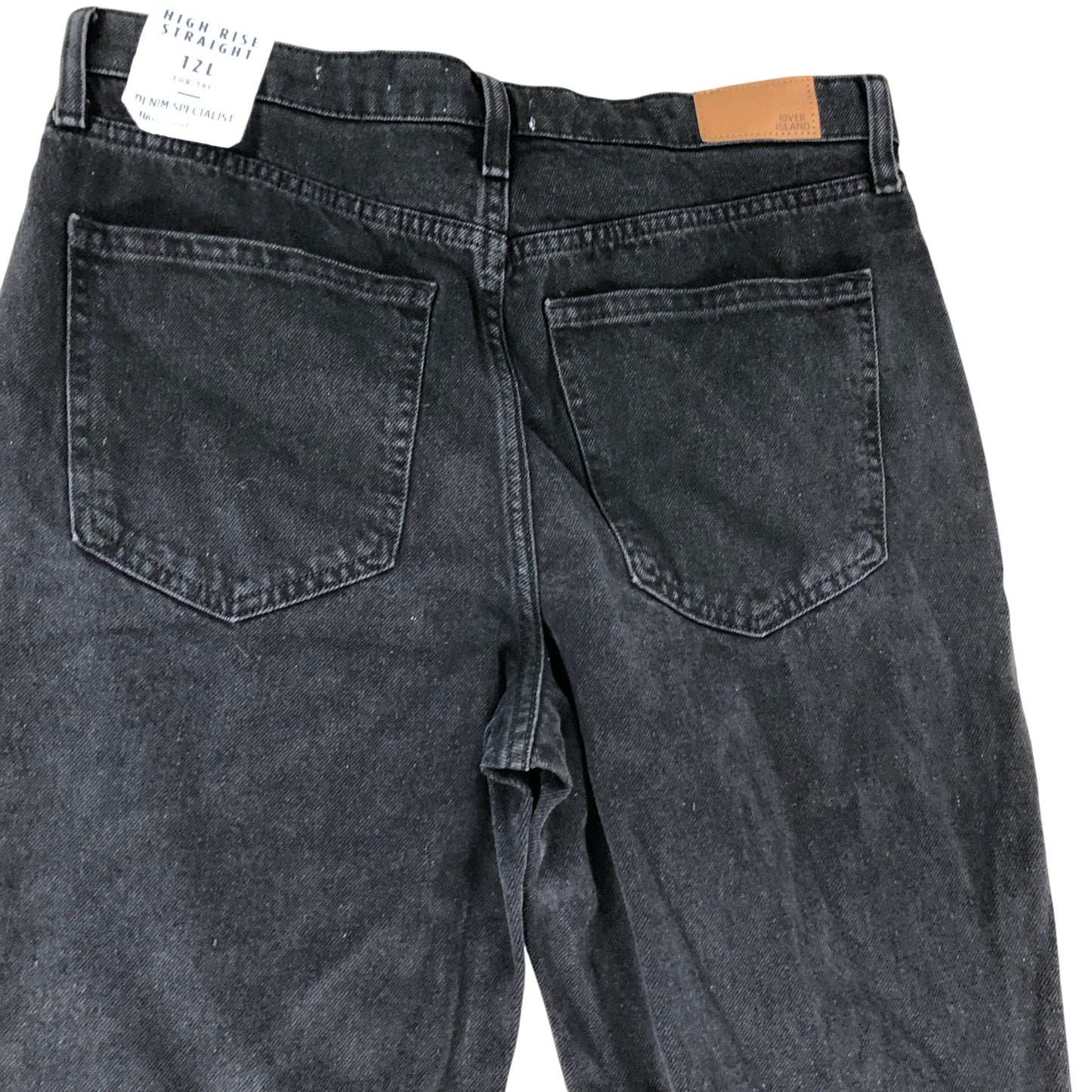 River Island High Rise Straight Jeans 12L Women's Black Denim with Rips