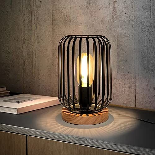 HHMTAKA Metal Cage LED Bedside Table Lamp 22cm High Wooden Base Decorative