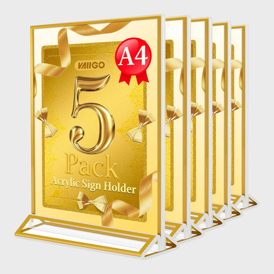 A4 Double Sided Acrylic Display Stand Sign Holder - Pack of 5 - Gold