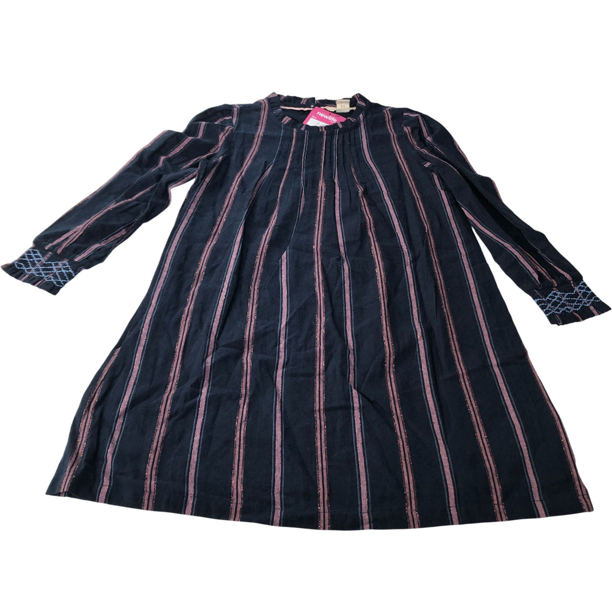 Striped Dress Girls Long Sleeve Cotton Blend Navy Blue 7-8 Years