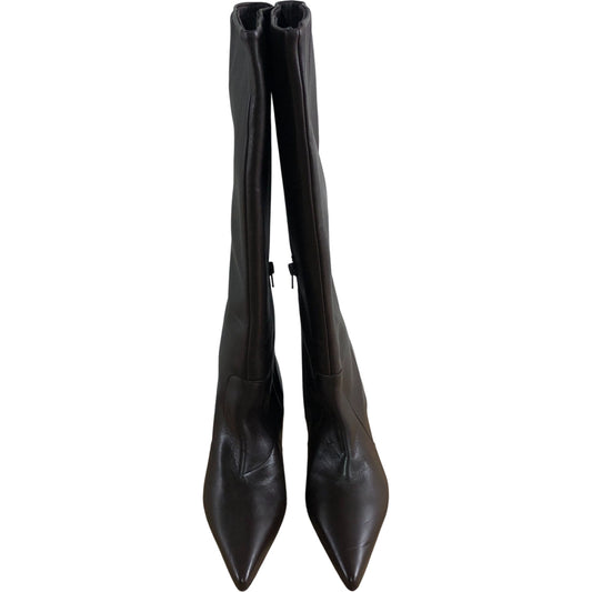 Piper Knee High Boots Women's Brown Leather Zip Pointed Toe Heels