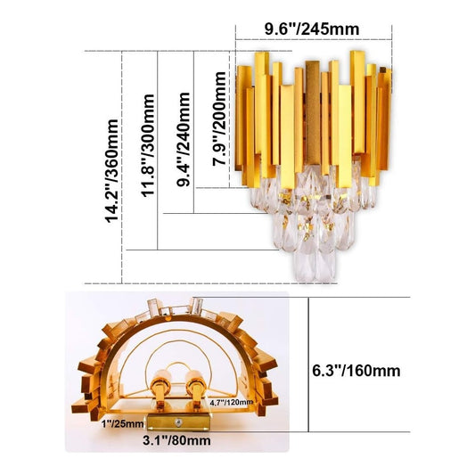 Frixchur Gold Crystal Wall Sconce Staircase Light E14 Base Elegant Design