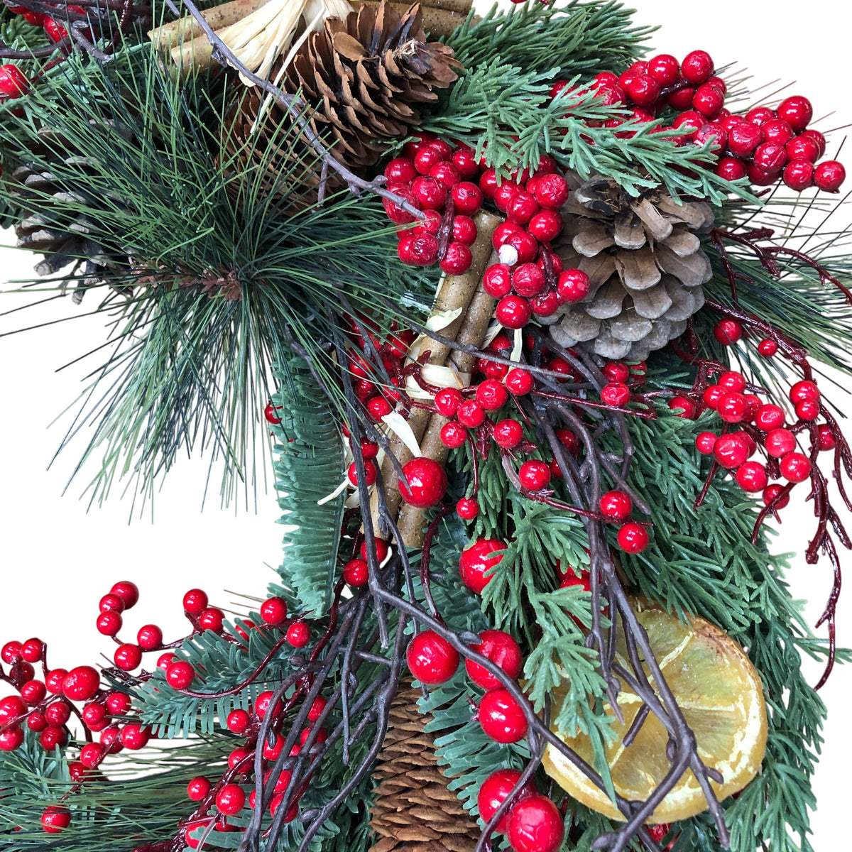 Festive Christmas Wreath Decorative Pinecones Berries Dried Oranges 18"