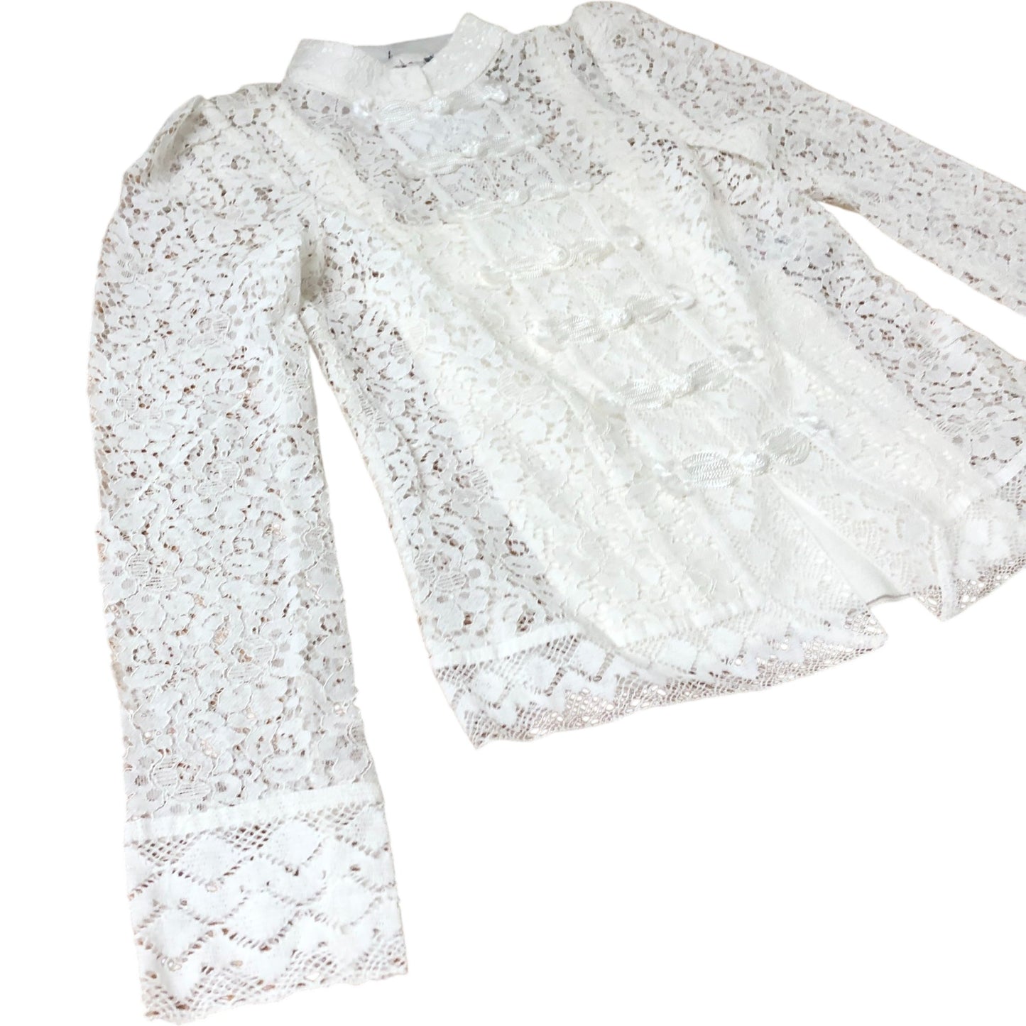 Branded White Lace Blouse Women's Long Sleeve High Neck Button Front Size 8