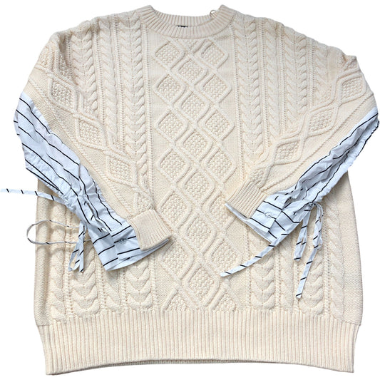 Cream Knitted Wool Blend Jumper Striped Sleeve Detail Casual Sweater Size M