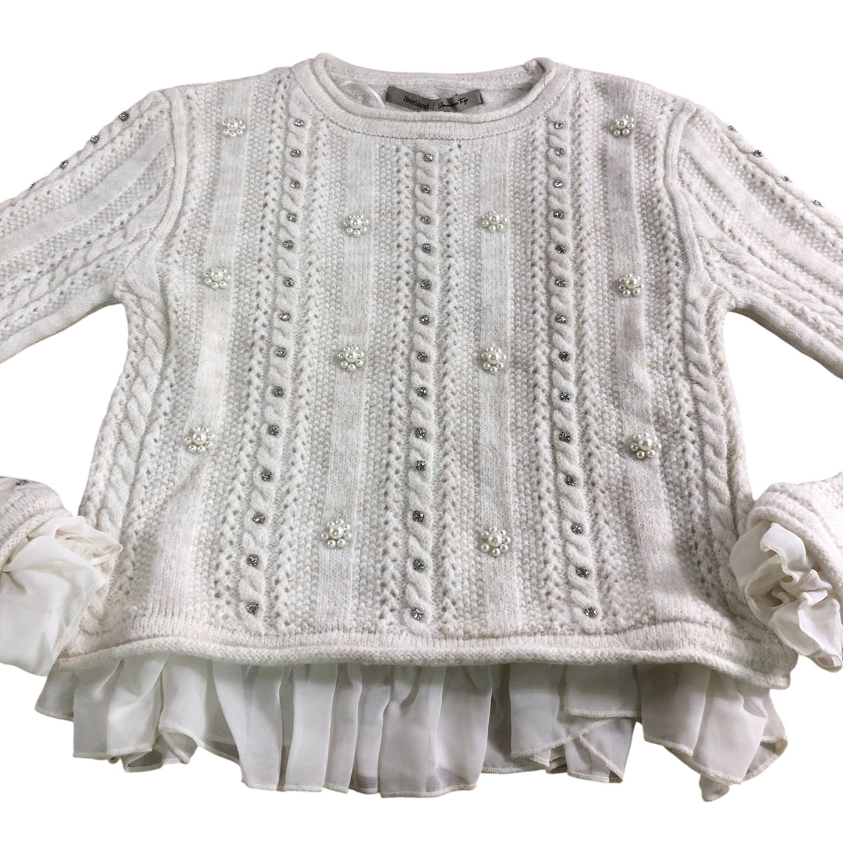 River Island Chunky Knit Sweater Size XS Women's Cream Pearl Detail Layered