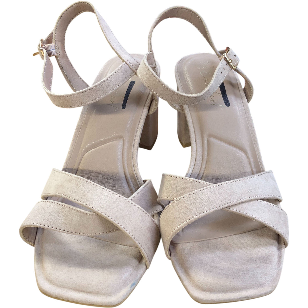 Beige Block Heeled Sandals Faux Suede Strappy Shoes