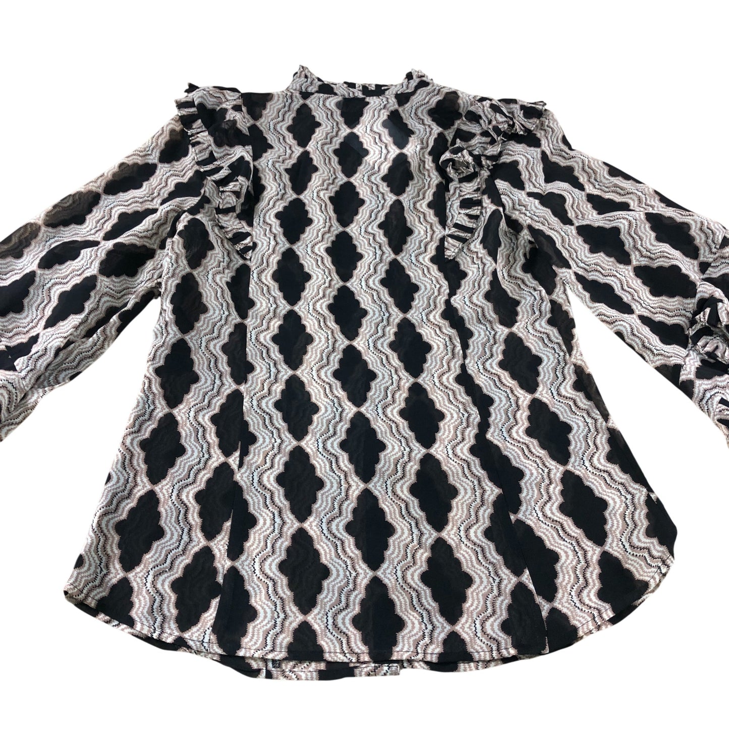 Branded Beige Abstract Print Ruffle Blouse - Size 8