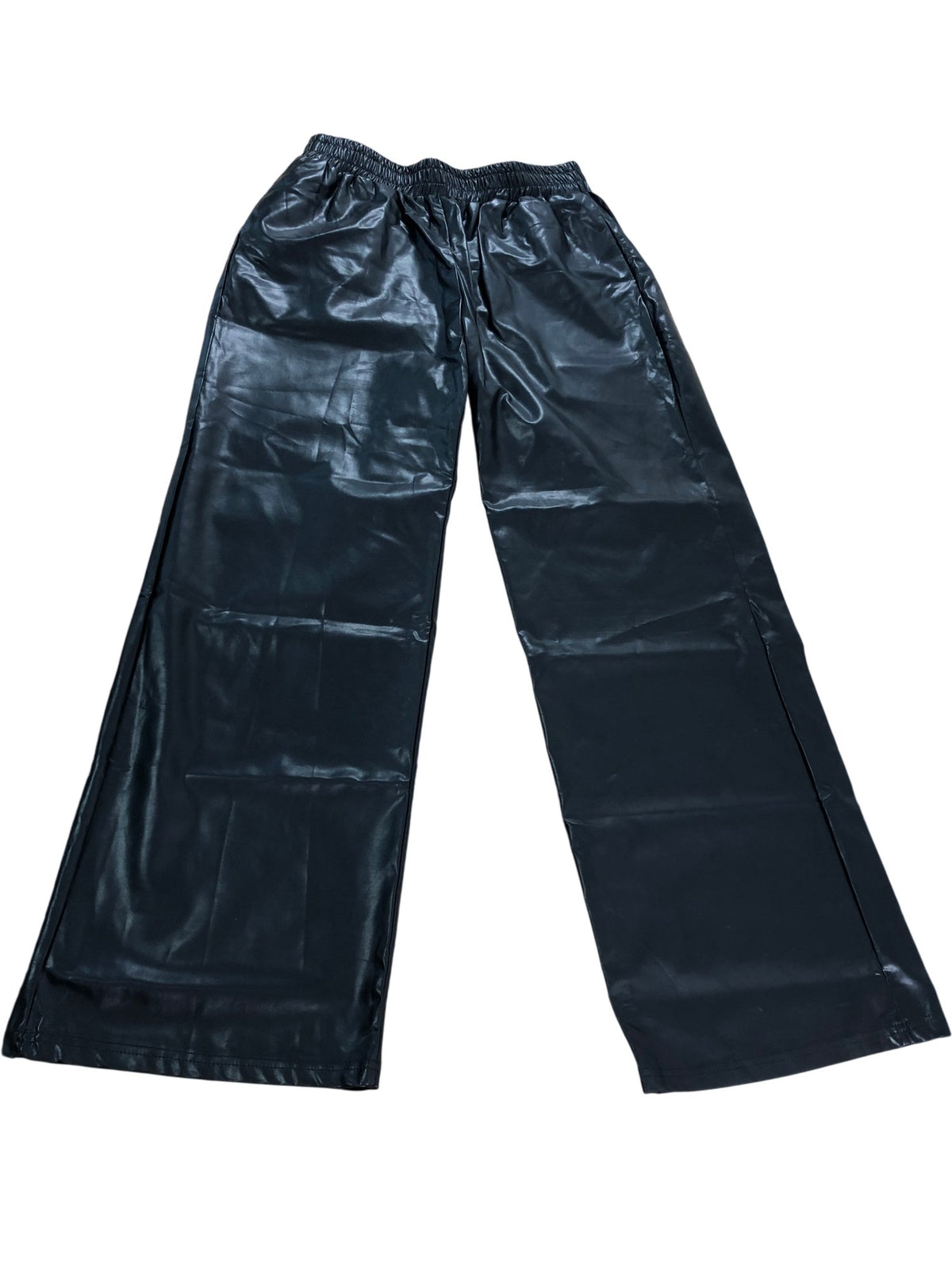 BLACK Faux Leather Trousers Women Elastic Waist Wide Leg Size Large
