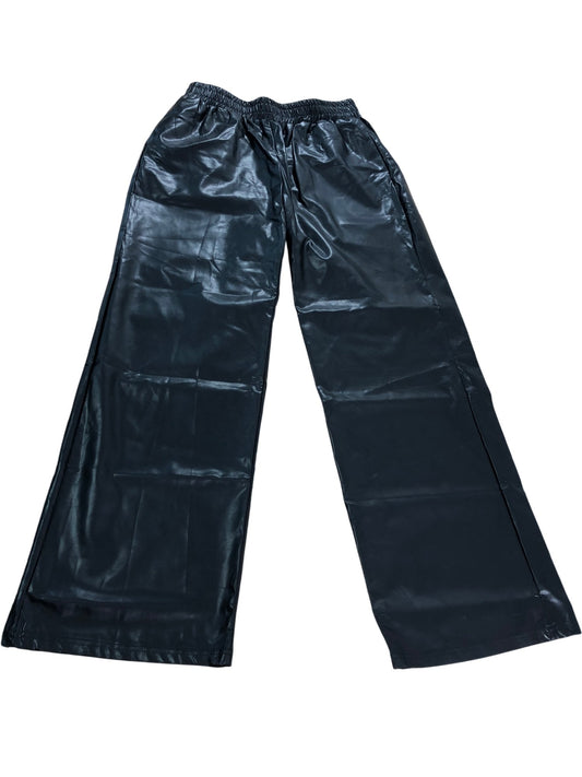 BLACK Faux Leather Trousers Women Elastic Waist Wide Leg Size Large