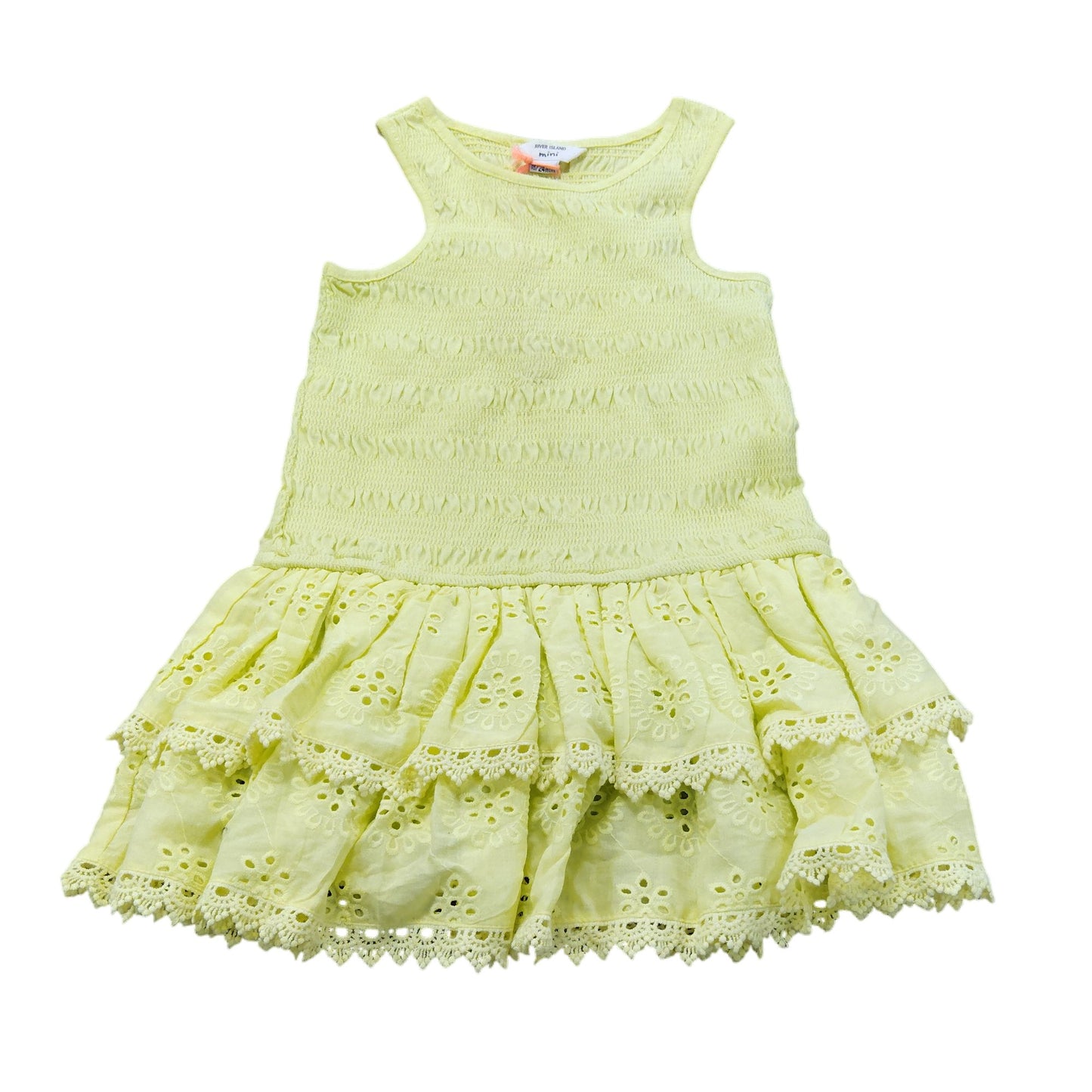 River Island Mini Dress UK18-24 Months Girls Yellow Sleeveless with Lace Trim
