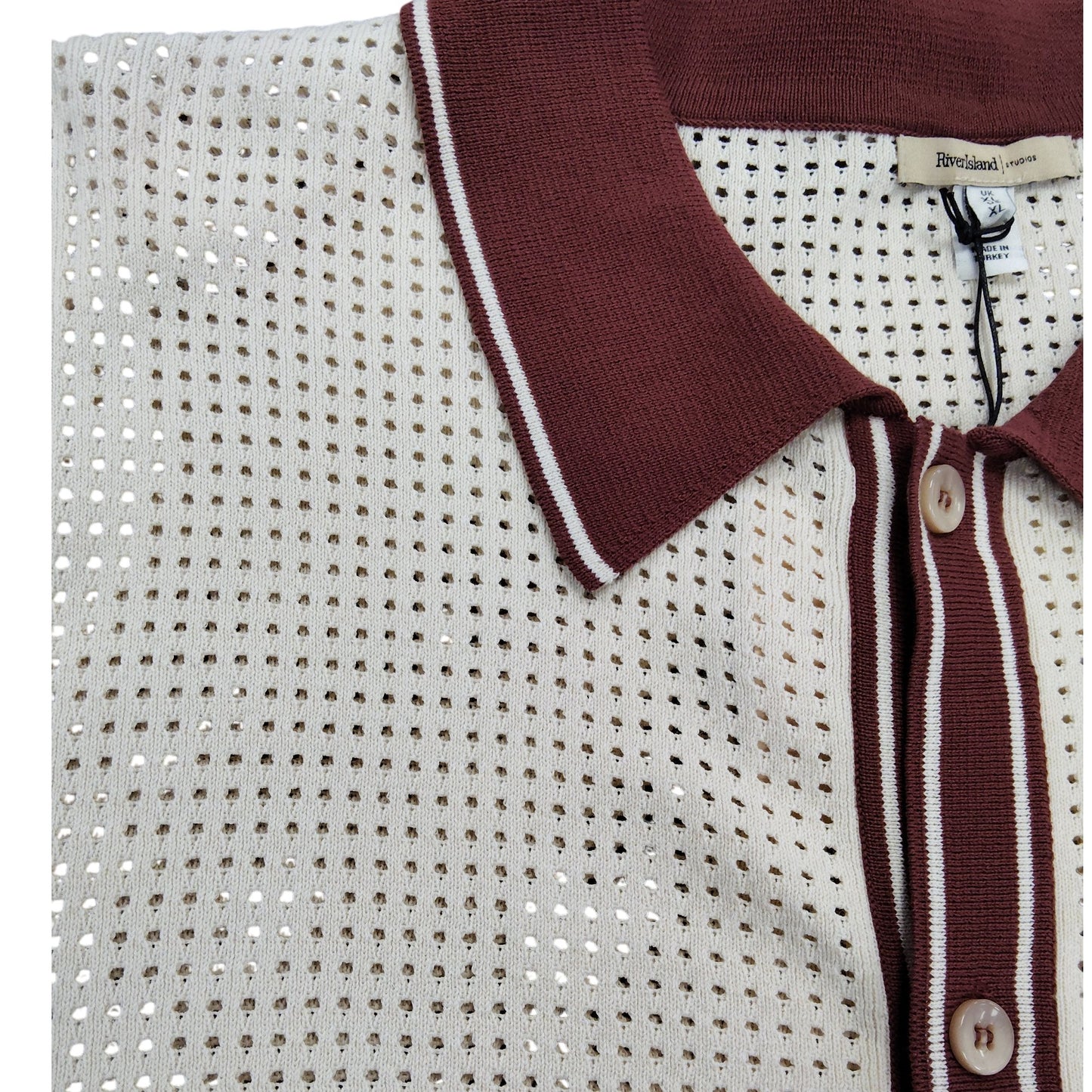 River Island Men’s Polo Shirt XL Cream Brown Striped Button Front Casual Top