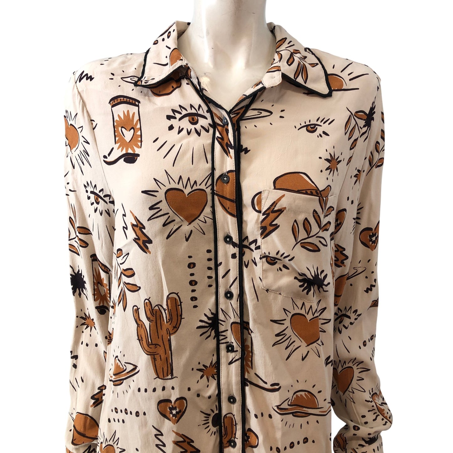 River Island Studios Relaxed Casual Shirt UK14 Women's Beige Light Pattern