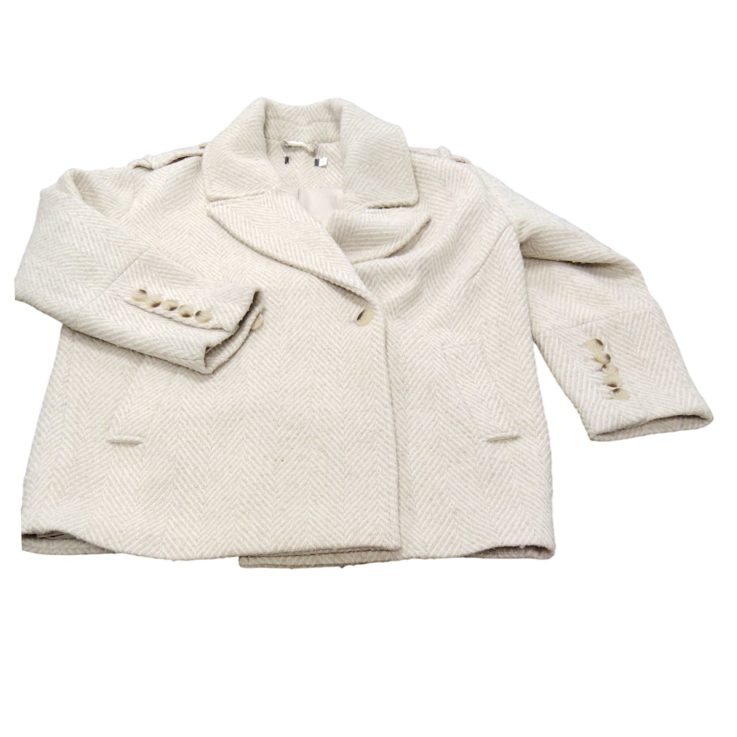 Women's Herringbone Coat Beigey White Single Breasted Size M