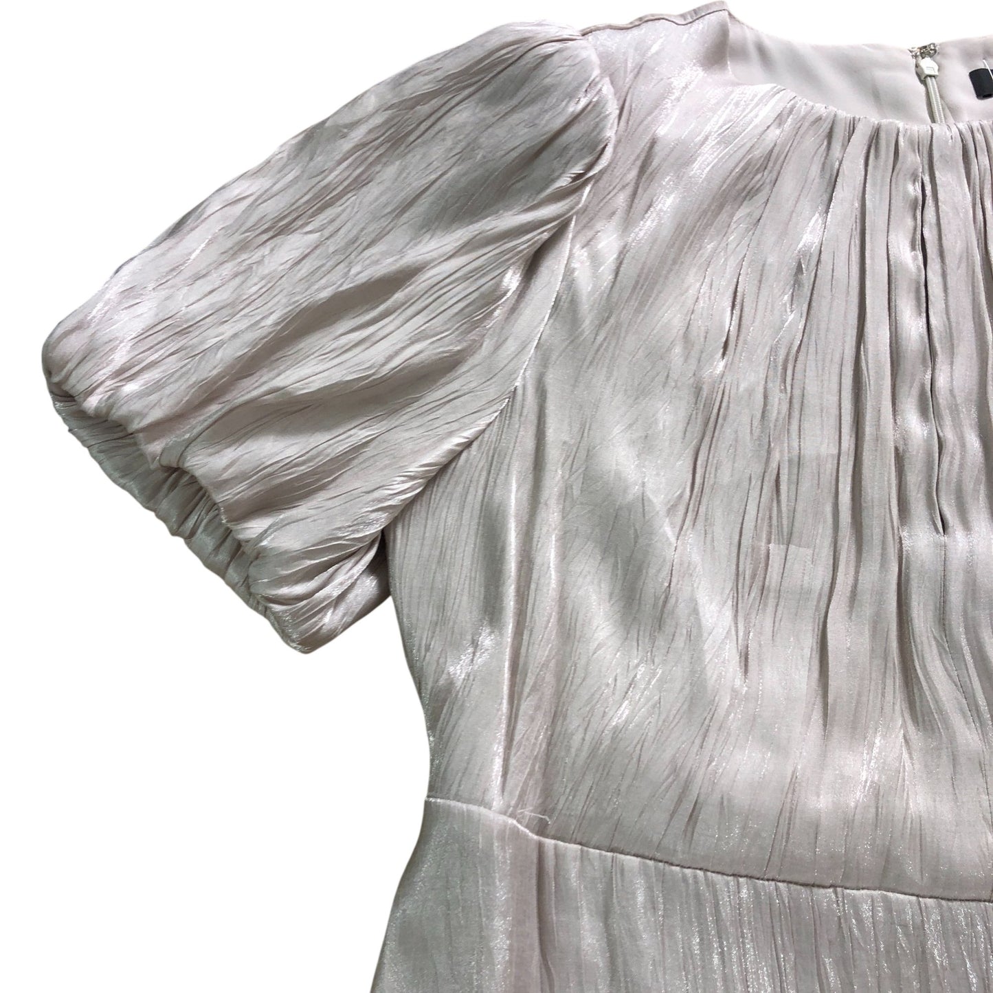 UK16 Women's Midi Dress Beige Ruffle Crinkle Puff Sleeve