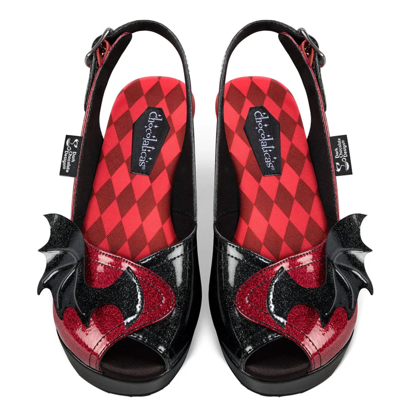 HOT CHOCOLATE DESIGN Bat Wedge Sandals UK5 Women's Black Red Glitter Slingback