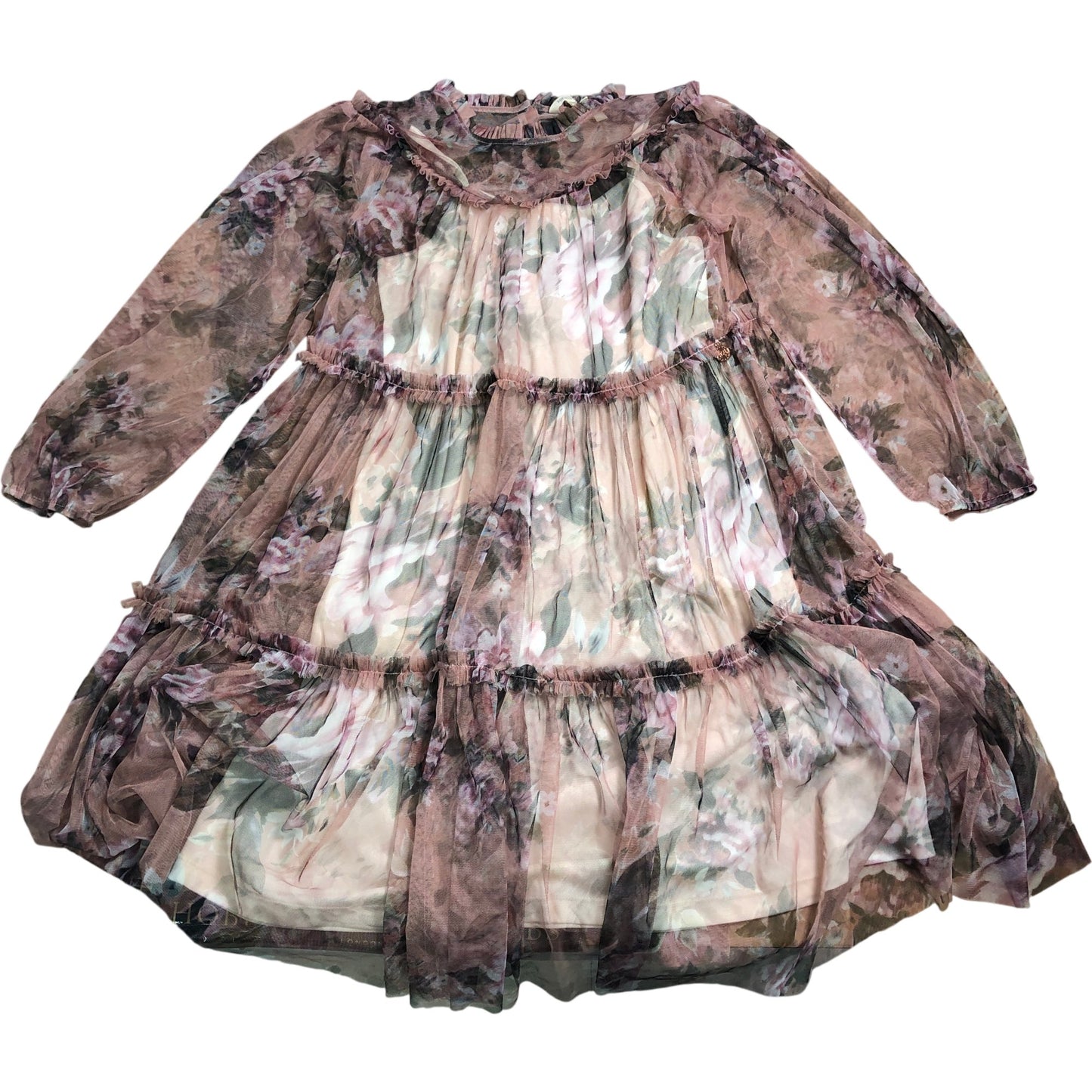 Branded Girls Floral Mesh Dress Age 10 Long Sleeve Pink Pattern