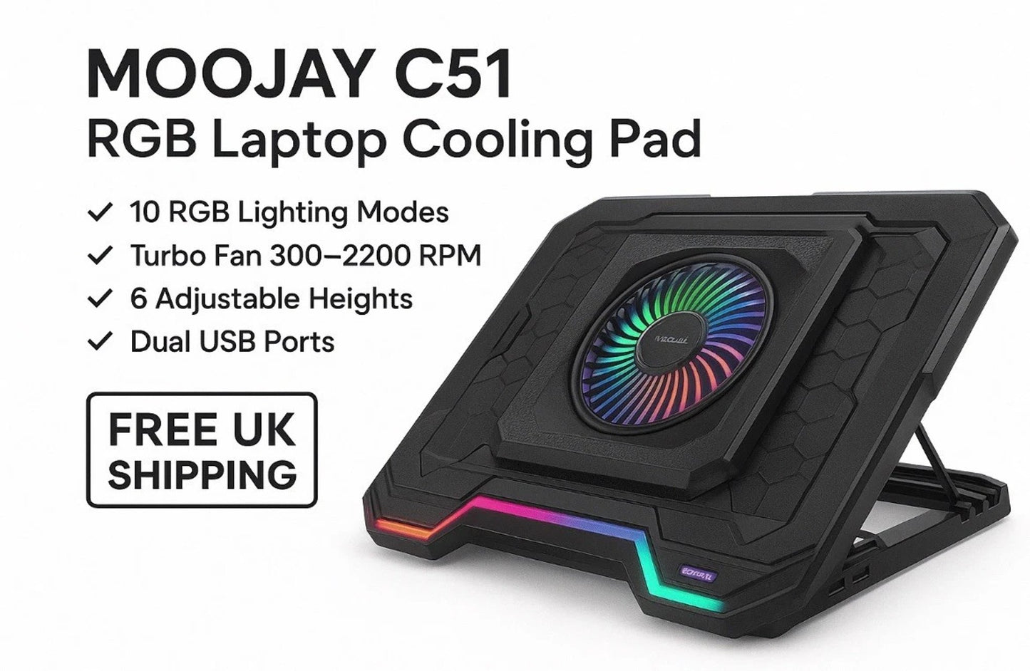 Moojay C51 RGB Laptop Cooling Pad Adjustable Turbo Fan Dual USB Ports 10 Modes