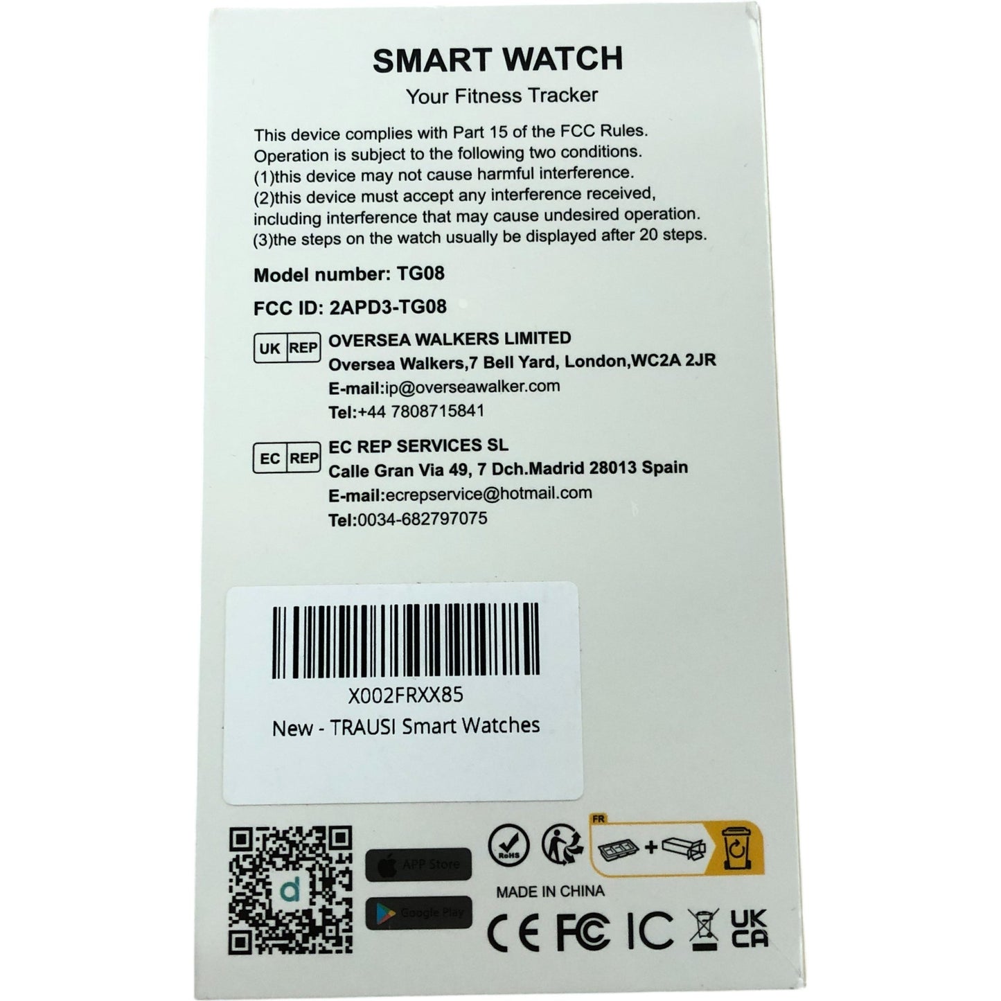 Trausi Smart Watch Model TG08 Fitness Tracker Sleep Monitoring Set of Two