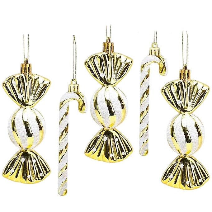 Gold & White Candy Cane & Sweet Hanging Christmas Decorations 16 Pieces