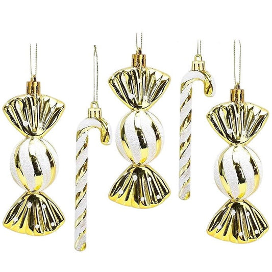 Gold & White Candy Cane & Sweet Hanging Christmas Decorations 16 Pieces