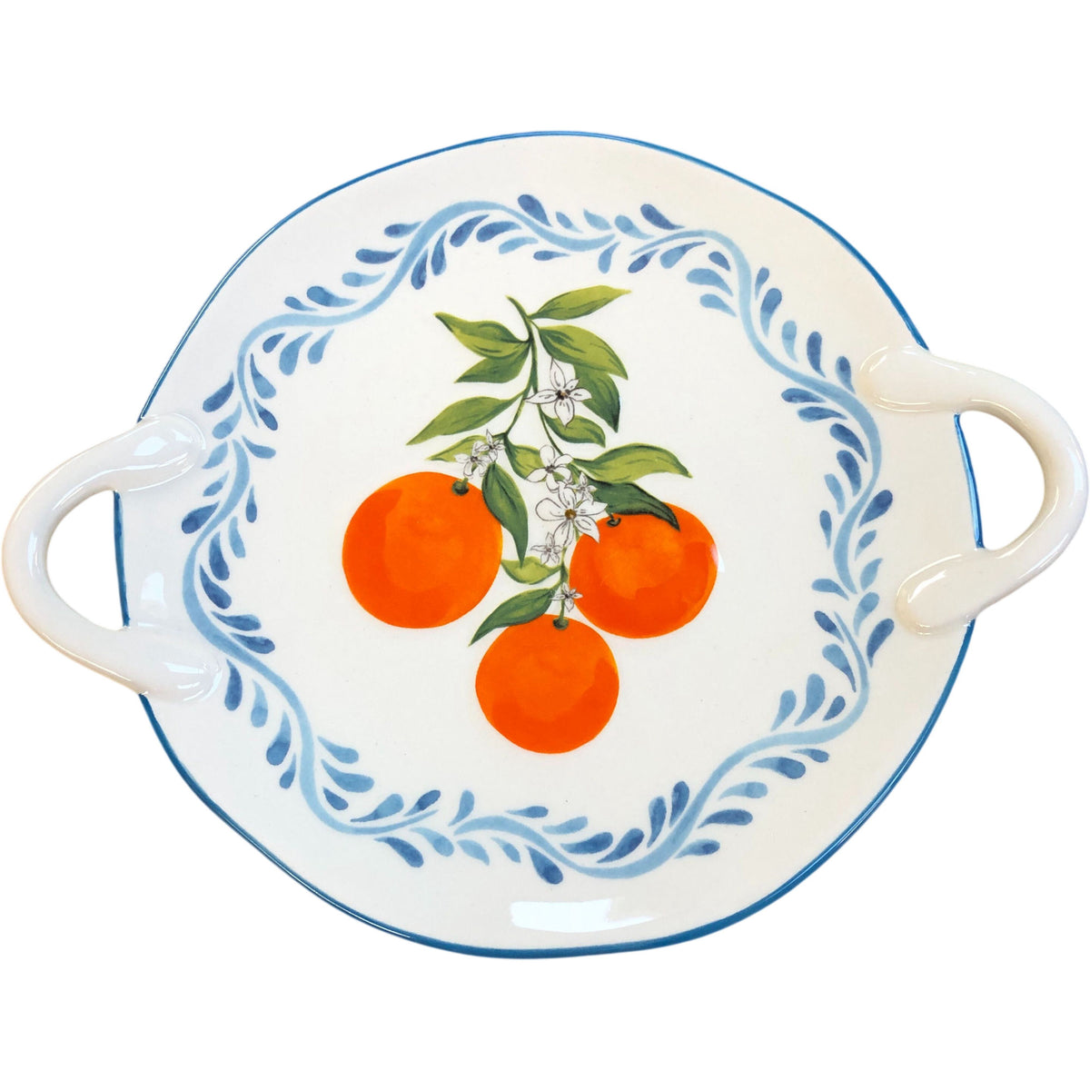 Small Ceramic Serving Platter Orange Decoration with Handles 8.5"