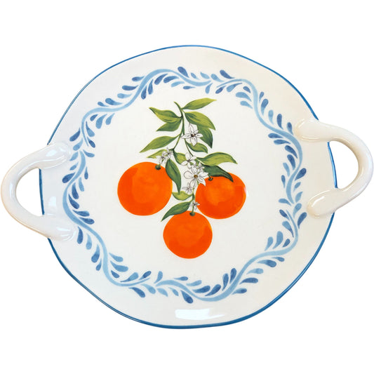 Small Ceramic Serving Platter Orange Decoration with Handles 8.5"