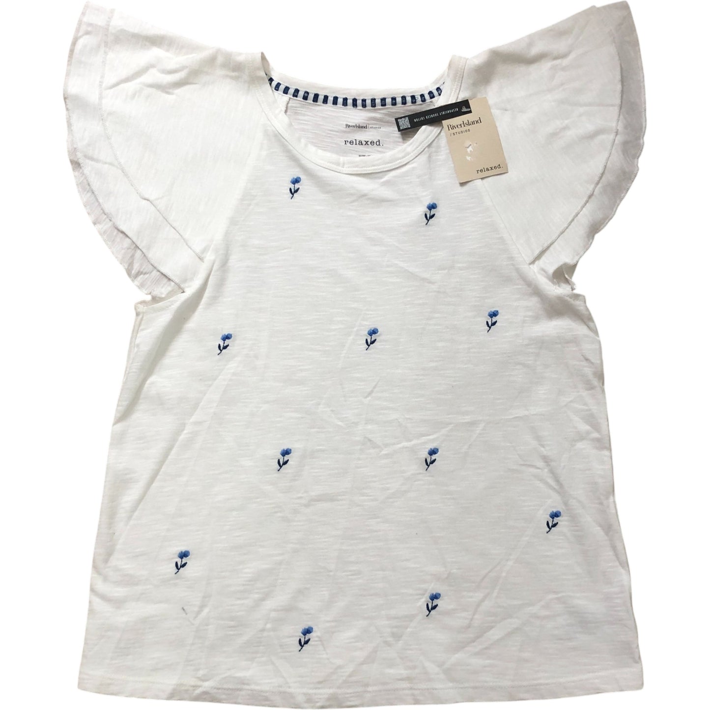 River Island Relaxed Size 10 Women's Floral Embroidered T-Shirt White