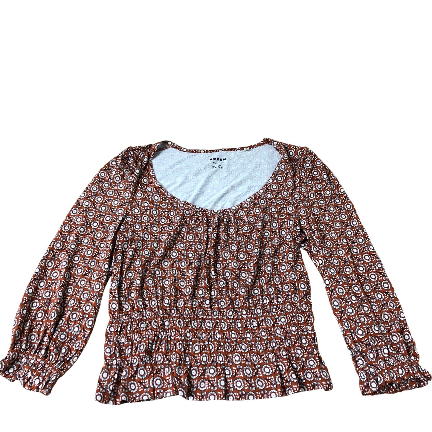 Floral Print Top Women's Long Sleeve Smock Viscose Brown White UK8