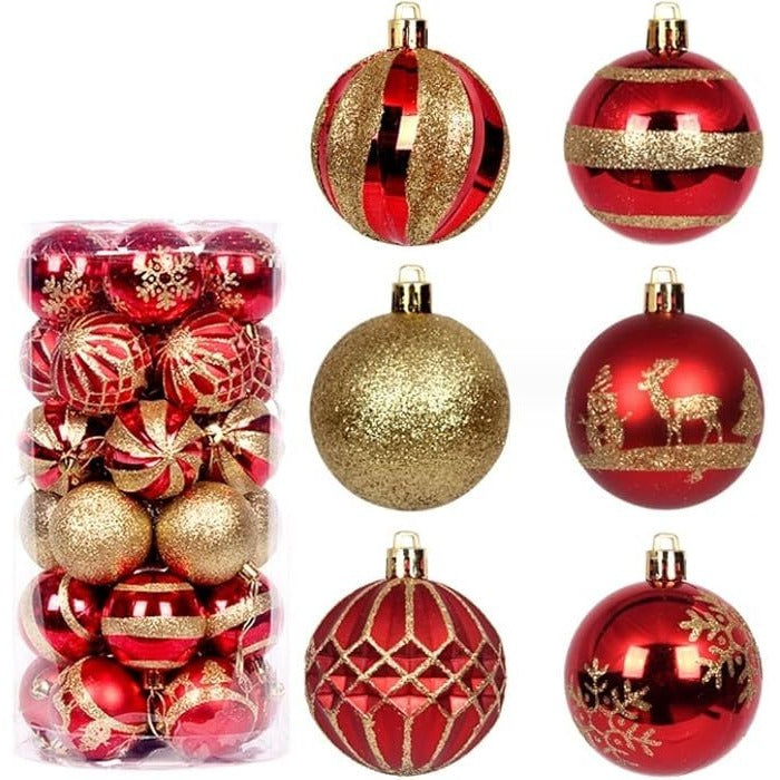 Christmas Ball Ornaments Gold & Red Glitter Baubles Set of 30