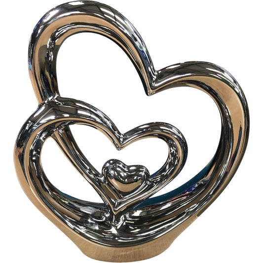 Heart Shaped Silver Decorative Figurine Home Décor Double Heart Ornament 9.5"x8"