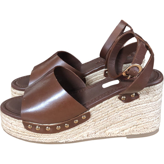 Raya Brown Leather Espadrille Wedges - 4" Heel - Size UK 7