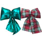 Set of Decorative Holiday Christmas Door Bows Green Satin & Red Plaid