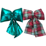 Set of Decorative Holiday Christmas Door Bows Green Satin & Red Plaid