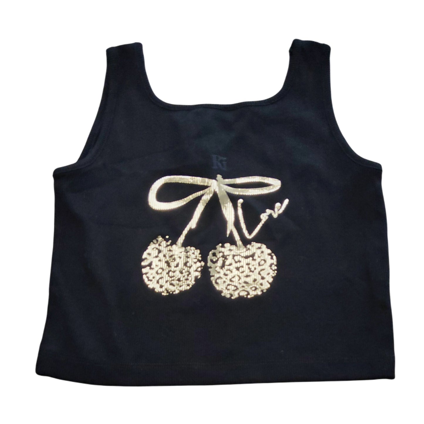River Island Black Crop Top Kids 9-10 Years Girls With Gold Cherry Design