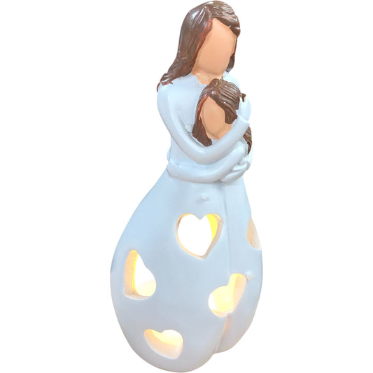 Mother and Child Ceramic Figurine White Heart Cutouts Candle Holder