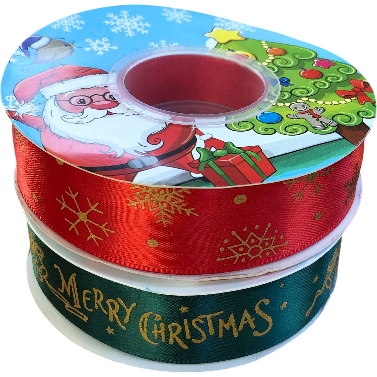 Two Rolls Merry Christmas Ribbon Green & Red 50 Yards