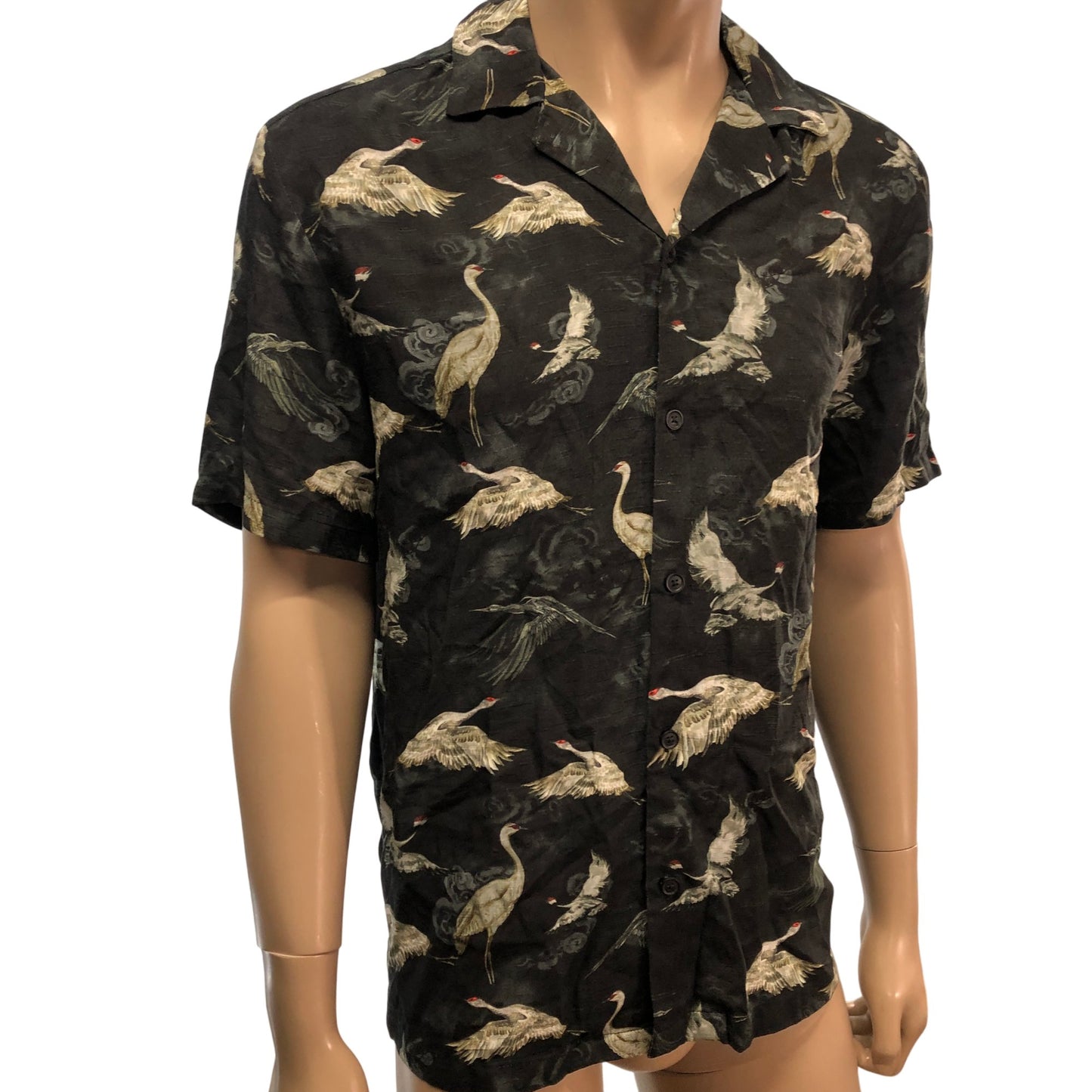 River Island Short Sleeve Shirt Men's Size Small Black Crane Print Viscose