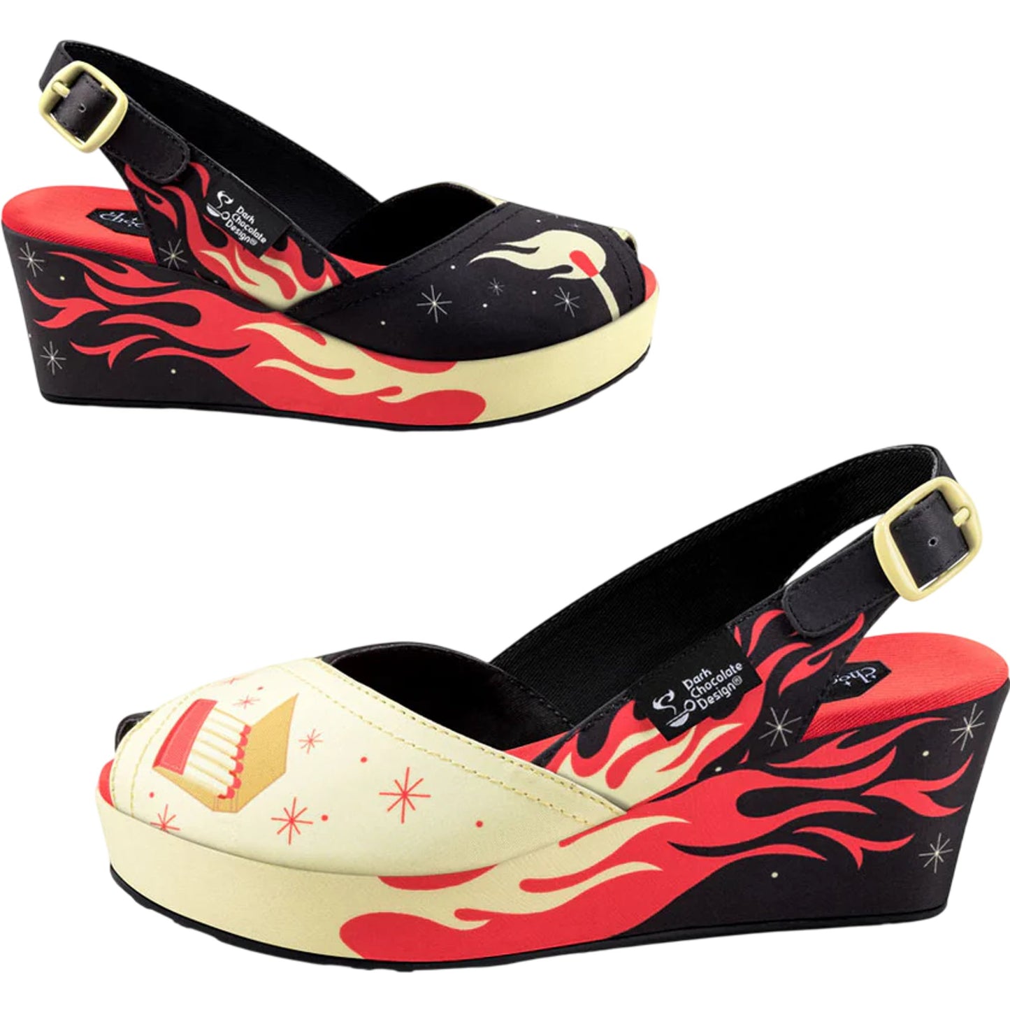 Hot Chocolate Design Women's Slingback Wedge Heels UK3.5 Black Red Flame Print