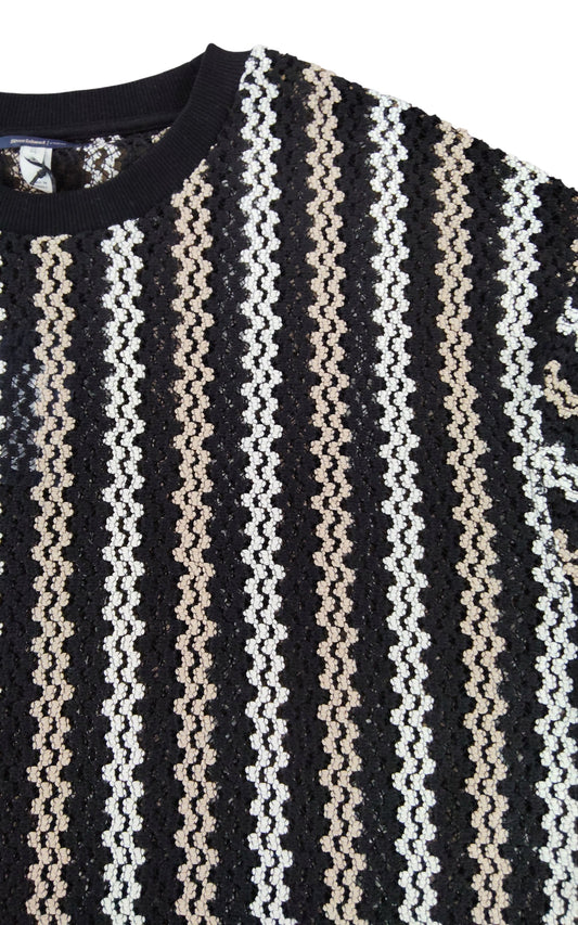 River Island Striped T-Shirt UK M Casual Crochet Black Cream Knit